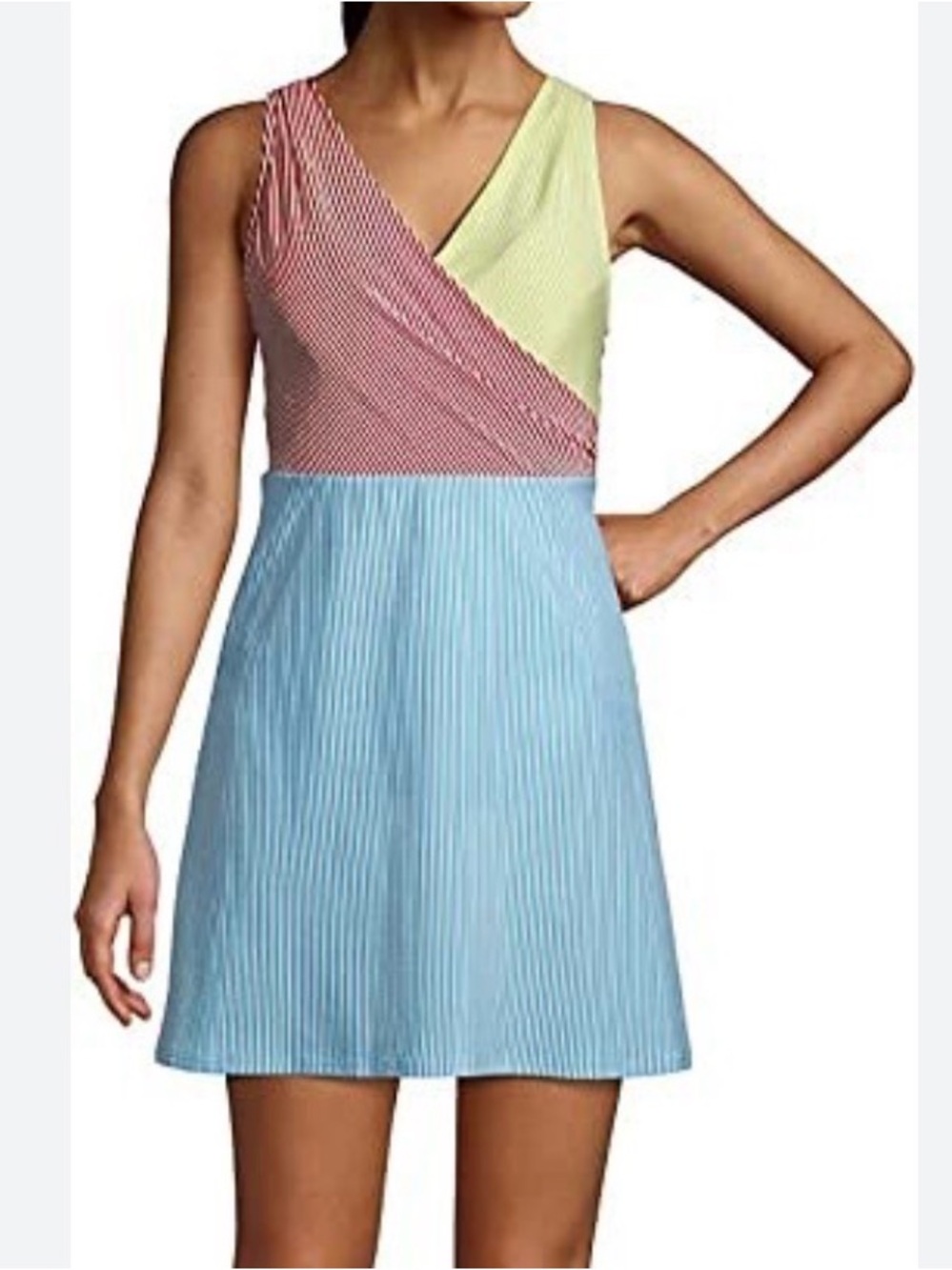 Colorblock V-Neck Sleeveless swim Dress in Red, Yellow & Light Blue